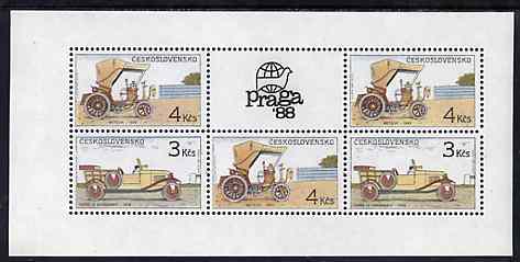 Czechoslovakia 1988  Historic Motor Cars m/sheet containing 2 x 3kc & 3 x 4kc with Praga 88 label unmounted mint, Mi BL 78, stamps on , stamps on  stamps on cars   