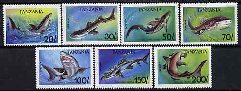 Tanzania 1993 Sharks perf set of 7 unmounted mint, SG 1665-71, Mi 1583-89*, stamps on , stamps on  stamps on marine life, stamps on fish, stamps on sharks