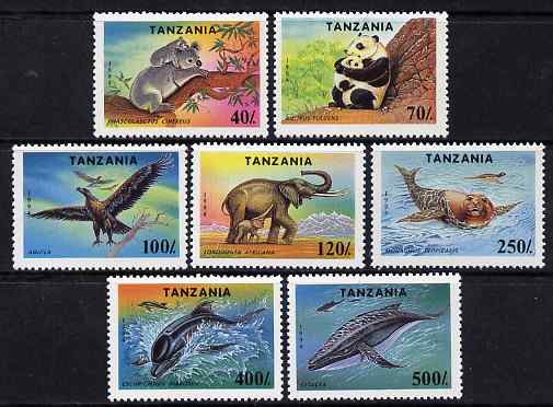 Tanzania 1994 Endangered Species unmounted mint set of 7, SG 1807-13, Mi 1775-81*, stamps on , stamps on  stamps on animals    bears    panda    eagles    birds of prey    elephant     seal      whales    dolphins  