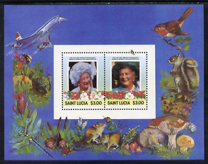 St Lucia 1985 Life & Times of HM Queen Mother m/sheet containing 2 x $3 values (depicts Concorde, Fungi, Butterflies, Birds & Animals) perf with silver (inscriptions) omitted, unmounted mint and only recently discovered, stamps on , stamps on  stamps on animals, stamps on  stamps on aviation, stamps on  stamps on birds, stamps on  stamps on butterflies, stamps on  stamps on fungi, stamps on  stamps on royalty, stamps on  stamps on queen mother, stamps on  stamps on concorde, stamps on  stamps on aviation