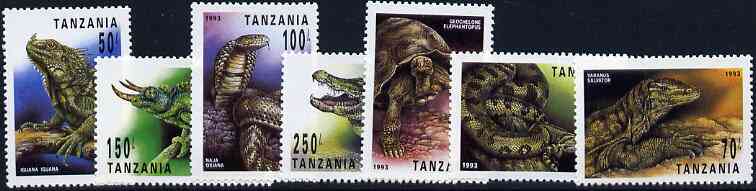 Tanzania 1993 Reptiles unmounted mint set of 7, SG 1528-34, Mi 1509-09*, stamps on , stamps on  stamps on reptiles     snakes    tortoise    iguana    lizards    cobra    alligator, stamps on  stamps on snake, stamps on  stamps on snakes, stamps on  stamps on 