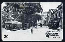 Telephone Card - Brazil 20 units phone card showing Street Scene with Trams (horiz black & white) card No 03 - 03/97, stamps on buses    trams