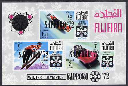 Fujeira 1969 Grenoble Winter Olympics imperf m/sheet optd SAPPORO 72 unmounted mint, Mi BL 13B, stamps on sport    olympics    skiing    bobsled