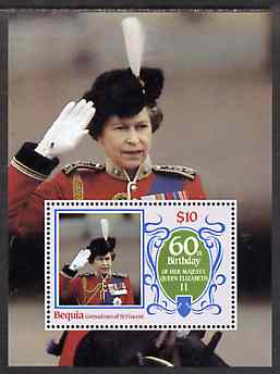 St Vincent - Bequia 1986 Queen's 60th Birthday $10 m/sheet unmounted mint, stamps on royalty