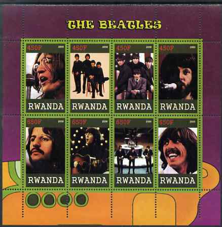 Rwanda 2009 The Beatles perf sheetlet containing 8 values unmounted mint, stamps on personalities, stamps on beatles, stamps on pops, stamps on music, stamps on rock