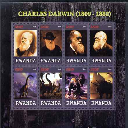 Rwanda 2009 Charles Darwin and Dinosaurs perf sheetlet containing 8 values unmounted mint, stamps on , stamps on  stamps on personalities, stamps on  stamps on science, stamps on  stamps on dinosaurs, stamps on  stamps on darwin