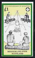 Bernera 1982 75th Anniversary of Scouting perf imperf souvenir sheet (£1 value showing Campfire) unmounted mint, stamps on scouts