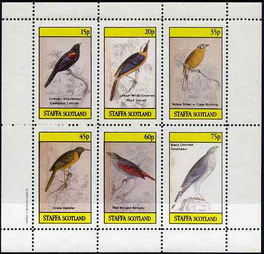 Staffa 1982 Birds #45 (Rock Thrush, Bunting, Gosshawk, etc) perf set of 6 values (15p to 75p) unmounted mint, stamps on birds, stamps on thrush, stamps on bunting, stamps on hawk, stamps on birds of prey