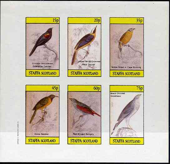 Staffa 1982 Birds #45 (Rock Thrush, Bunting, Gosshawk, etc) imperf set of 6 values (15p to 75p) unmounted mint, stamps on , stamps on  stamps on birds, stamps on  stamps on thrush, stamps on  stamps on bunting, stamps on  stamps on hawk, stamps on  stamps on birds of prey    