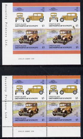 St Vincent - Union Island 1986 $3 Ford Model A unmounted mint imperf block of 4 (2 se-tenant pairs) with matched normal perf block, stamps on , stamps on  stamps on cars, stamps on ford