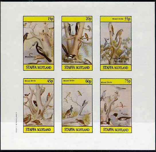 Staffa 1982 Birds #50 (Woodpeckers, Hawk, Jay, etc) imperf set of 6 values (15p to 75p) unmounted mint, stamps on , stamps on  stamps on birds, stamps on  stamps on woodpeckers, stamps on  stamps on hawks, stamps on  stamps on jays, stamps on  stamps on birds of prey
