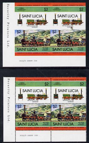 St Lucia 1984 Locomotives #2 (Leaders of the World) $2 Der Adler 2-2-2 unmounted mint imperf corner block of 4 (2 se-tenant pairs as SG 725a) with matched normal perf blo..., stamps on railways