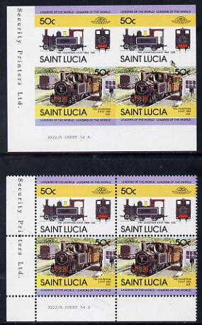 St Lucia 1984 Locomotives #2 (Leaders of the World) 50c 'Countess 0-6-0' unmounted mint imperf corner block of 4 (2 se-tenant pairs as SG 719a) with matched normal perf block, stamps on railways