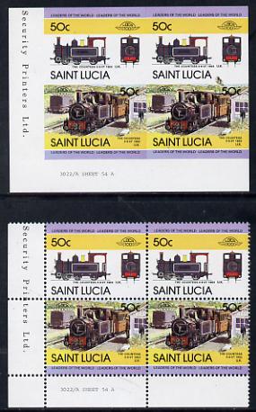 St Lucia 1984 Locomotives #2 (Leaders of the World) 50c 'Countess 0-6-0' unmounted mint imperf corner block of 4 (2 se-tenant pairs as SG 719a) with matched normal perf block, stamps on , stamps on  stamps on railways