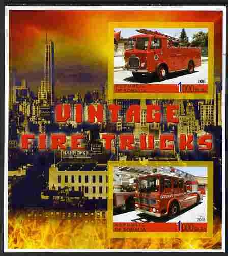 Somalia 2005 Vintage Fire Trucks #02 imperf sheetlet containing 2 values unmounted mint. Note this item is privately produced and is offered purely on its thematic appeal, stamps on , stamps on  stamps on fire