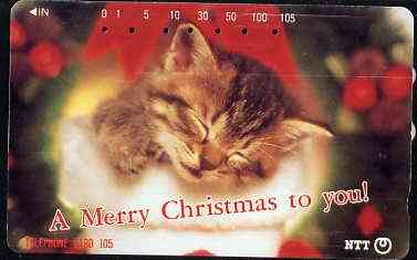 Telephone Card - Japan 105 units phone card showing Sleeping Kitten with 'A Merry Christmas To You' (card dated 19.10.1992), stamps on , stamps on  stamps on cats         christmas