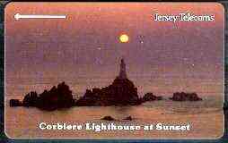 Telephone Card - Jersey 40 units phone card showing Corbiere Lighthouse at Sunset, stamps on , stamps on  stamps on lighthouses