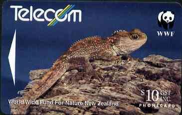 Telephone Card - New Zealand $10 phone card showing Tuatara Lizard (WWF series), stamps on wwf     reptiles, stamps on  wwf , stamps on 