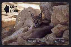 Telephone Card -Oman 1.5r phone card showing The Caracal Lynx (The Rare and The Beautiful), stamps on , stamps on  stamps on animals    cats    lynx