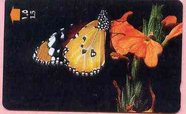 Telephone Card -Oman 1.5r phone card showing Plain Tiger Butterfly, stamps on butterflies