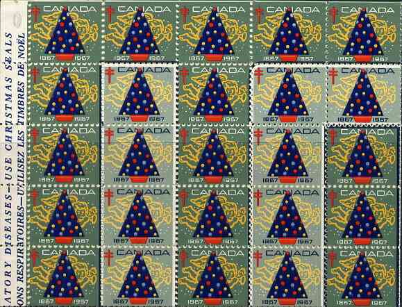 Cinderella - Canada 1967 Christmas TB Seals, unmounted mint sheet of 100 (Christmas Tree design outlined to show the number '100') sheet folded, stamps on cinderellas, stamps on cinderella, stamps on tb, stamps on christmas, stamps on diseases   