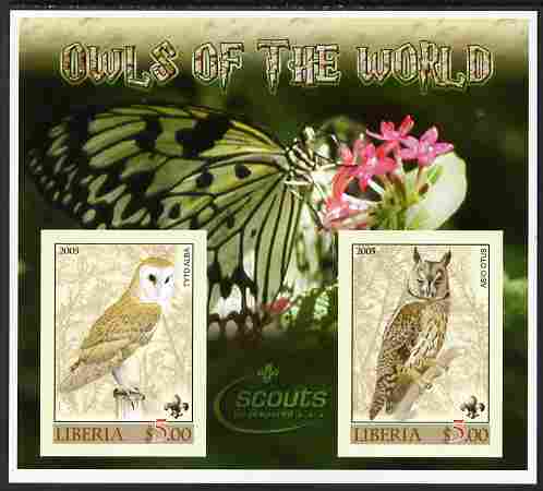 Liberia 2005 Owls of the World imperf sheetlet containing 2 values unmounted mint (Butterfly & Scouts Logo in background), stamps on , stamps on  stamps on birds, stamps on  stamps on birds of prey, stamps on  stamps on owls, stamps on  stamps on butterflies, stamps on  stamps on scouts