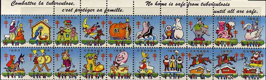 Cinderella - Canada 1963 Christmas TB Seals, set of 16 in fine unmounted mint se-tenant strips (Christmas scenes & Pantomime characters), stamps on , stamps on  stamps on cinderellas, stamps on  stamps on cinderella, stamps on tb, stamps on christmas, stamps on diseases, stamps on entertainments