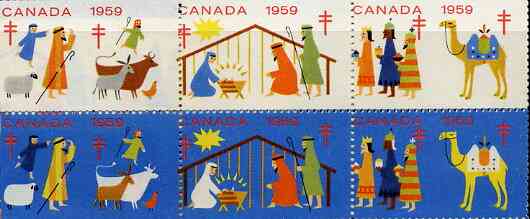 Cinderella - Canada 1959 Christmas TB Seals, set of 10 in fine unmounted mint se-tenant block, stamps on cinderellas, stamps on cinderella, stamps on tb, stamps on christmas, stamps on diseases