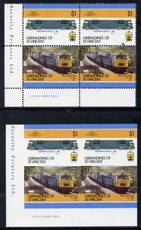 St Vincent - Grenadines 1986 Locomotives #6 (Leaders of the World) $1 (Western Diesel) in unmounted mint imperf block of 4 (2 se-tenant pairs as SG 451a) plus matched normal perf block, stamps on railways