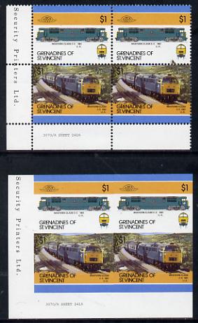 St Vincent - Grenadines 1986 Locomotives #6 (Leaders of the World) $1 (Western Diesel) in unmounted mint imperf block of 4 (2 se-tenant pairs as SG 451a) plus matched normal perf block, stamps on , stamps on  stamps on railways