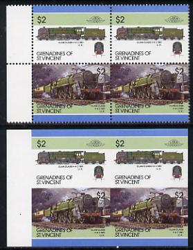 St Vincent - Grenadines 1986 Locomotives #6 (Leaders of the World) $2 (4-6-2 Clan Class) in unmounted mint imperf block of 4 (2 se-tenant pairs as SG 455a) plus matched normal perf block, stamps on railways