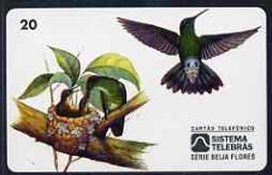 Telephone Card - Brazil 20 units phone card showing Bird (Beija Flor Verde Furta Cor) and nest with young, stamps on , stamps on  stamps on birds   