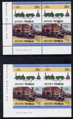 Tuvalu - Vaitupu Locomotives #1 - 25c Columbine 2-2-2 in unmounted mint imperf block of 4 (2 se-tenant pairs) plus matched normal perf block, stamps on railways