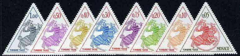 Monaco 1980 Postage Due Triangular set of 8 values only to 1f unmounted mint, SG D1426-33, stamps on , stamps on  stamps on horses, stamps on triangulars, stamps on heraldry, stamps on  stamps on arms