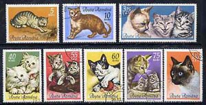 Rumania 1965 Domestic Cats set of 8 cto used, SG 3255-62, Mi 2387-94, stamps on , stamps on  stamps on animals, stamps on  stamps on cats    