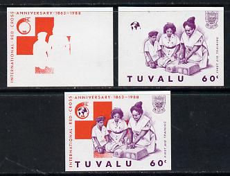 Tuvalu 1988 Red Cross 60c unmounted mint set of 3 progressive proofs comprising the 2 individual colours plus the composite as issued (but imperf)*, stamps on , stamps on  stamps on medical    red cross       nurses