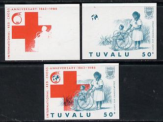 Tuvalu 1988 Red Cross 50c unmounted mint set of 3 progressive proofs comprising the 2 individual colours plus the composite as issued (but imperf)*, stamps on , stamps on  stamps on medical    red cross       nurses