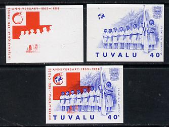 Tuvalu 1988 Red Cross 40c unmounted mint set of 3 progressive proofs comprising the 2 individual colours plus the composite as issued (but imperf)*, stamps on , stamps on  stamps on medical    red cross       nurses