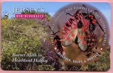 Telephone Card - Jersey 2 phone card showing Burnet Moth (Bio Diversity), stamps on butterflies