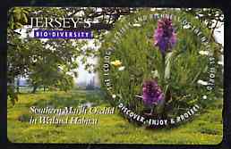 Telephone Card - Jersey 2 phone card showing Marsh Orchid (Bio Diversity), stamps on flowers, stamps on orchids