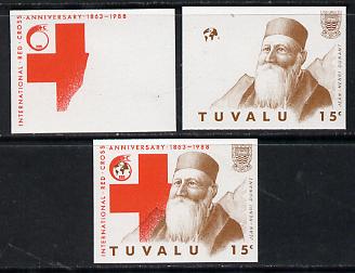 Tuvalu 1988 Red Cross 15c set of 3 imperf progressive proofs comprising the 2 individual colours plus the composite as issued (but imperf) unmounted mint*, stamps on , stamps on  stamps on medical    red cross