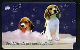 Telephone Card - Singapore $10 phone card showing 2 Puppies (Good friends are hard to find), stamps on dogs