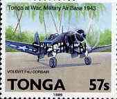 Tonga 1989 Chance Vought F4U 57s from Aviation in Tonga set opt'd SPECIMEN unmounted mint, as SG 1056, stamps on aviation, stamps on vought, stamps on ww2, stamps on  ww2 , stamps on 