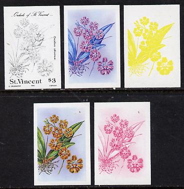 St Vincent 1985 Orchids $3 (SG 853) set of 5 imperf progressive proofs comprising 3 individual colours plus 2 & 3-colour composites unmounted mint. NOTE - this item has been selected for a special offer with the price significantly reduced, stamps on flowers, stamps on orchids