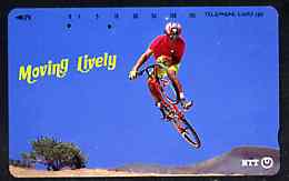 Telephone Card - Japan 105 units phone card showing Bicycle & Stunt Rider (card dated 1.8.1992) inscribed 'Moving Lively', stamps on , stamps on  stamps on bicycles