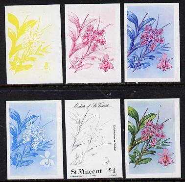 St Vincent 1985 Orchids $1 (SG 852) set of 6 imperf progressive proofs comprising the 4 individual colours plus 2 & 3-colour composites, unmounted mint. NOTE - this item has been selected for a special offer with the price significantly reduced, stamps on flowers, stamps on orchids