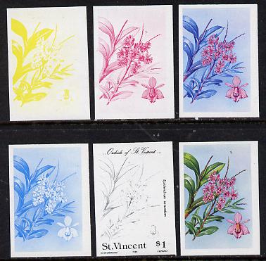St Vincent 1985 Orchids $1 (SG 852) set of 6 imperf progressive proofs comprising the 4 individual colours plus 2 & 3-colour composites, unmounted mint. , stamps on flowers, stamps on orchids