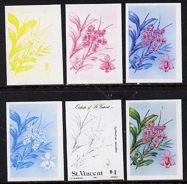 St Vincent 1985 Orchids $1 (SG 852) set of 6 imperf progressive proofs comprising the 4 individual colours plus 2 & 3-colour composites, unmounted mint. NOTE - this item has been selected for a special offer with the price significantly reduced, stamps on , stamps on  stamps on flowers, stamps on  stamps on orchids