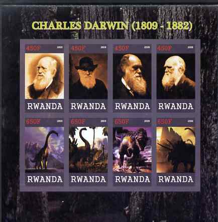 Rwanda 2009 Charles Darwin and Dinosaurs imperf sheetlet containing 8 values unmounted mint, stamps on , stamps on  stamps on personalities, stamps on  stamps on science, stamps on  stamps on dinosaurs, stamps on  stamps on darwin