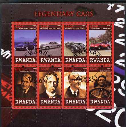Rwanda 2009 Legendary Cars & Designers perf sheetlet containing 8 values cto used, stamps on , stamps on  stamps on personalities, stamps on  stamps on cars, stamps on  stamps on porsche, stamps on  stamps on benz, stamps on  stamps on jaguar, stamps on  stamps on ferrari